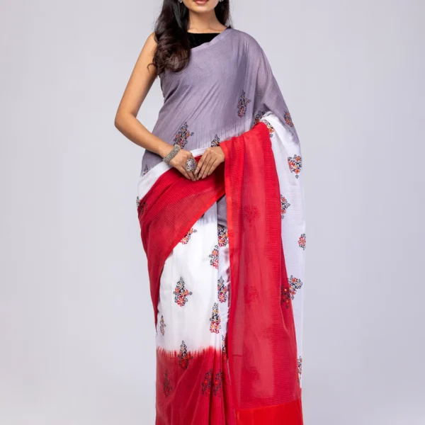 Grey/White Tie-Dyed and Printed Cotton Saree