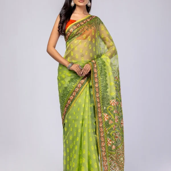 Light Green Printed and Embroidered Muslin Saree
