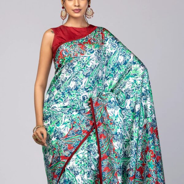 White/Green Printed Silk Saree