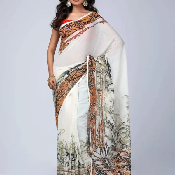 Off White Printed Cotton Saree