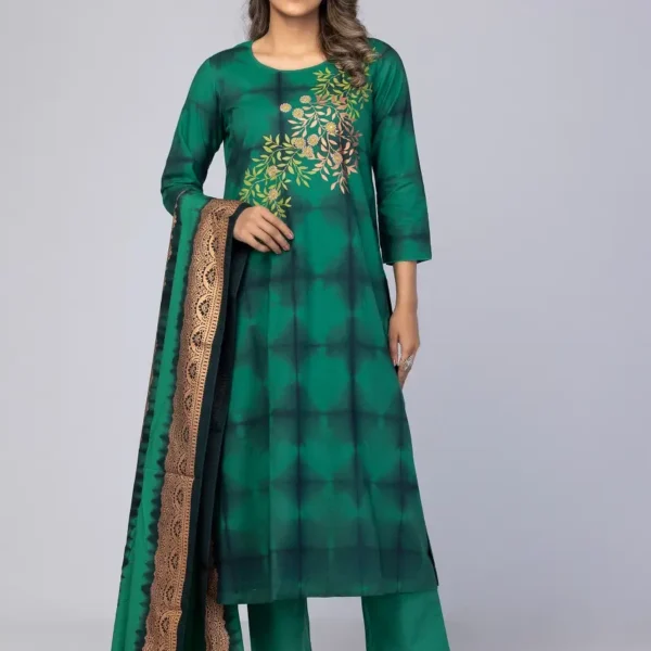 Bottle Green Printed and Embroidered Vortex-Cotton Shalwar Kameez