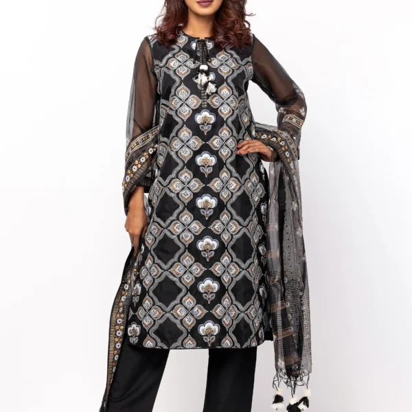Black Embroidered Retro Print Theme Shalwar Kameez